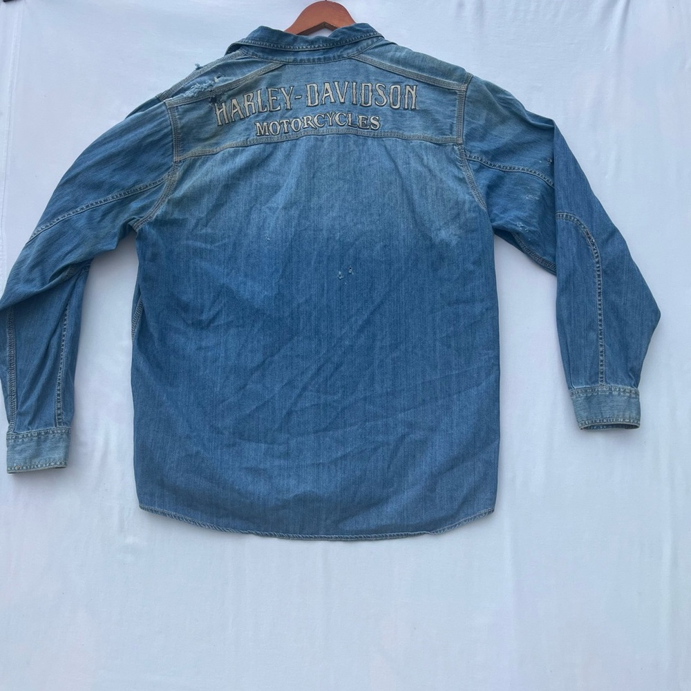 Harley‎ Davidson Denim Snap Shirt XL Embroidered Logo Biker Western Distressed - Picture 7 of 12